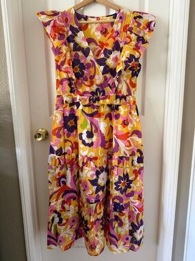 J. Crew Yellow Floral Midi Dress with Purple & Pink